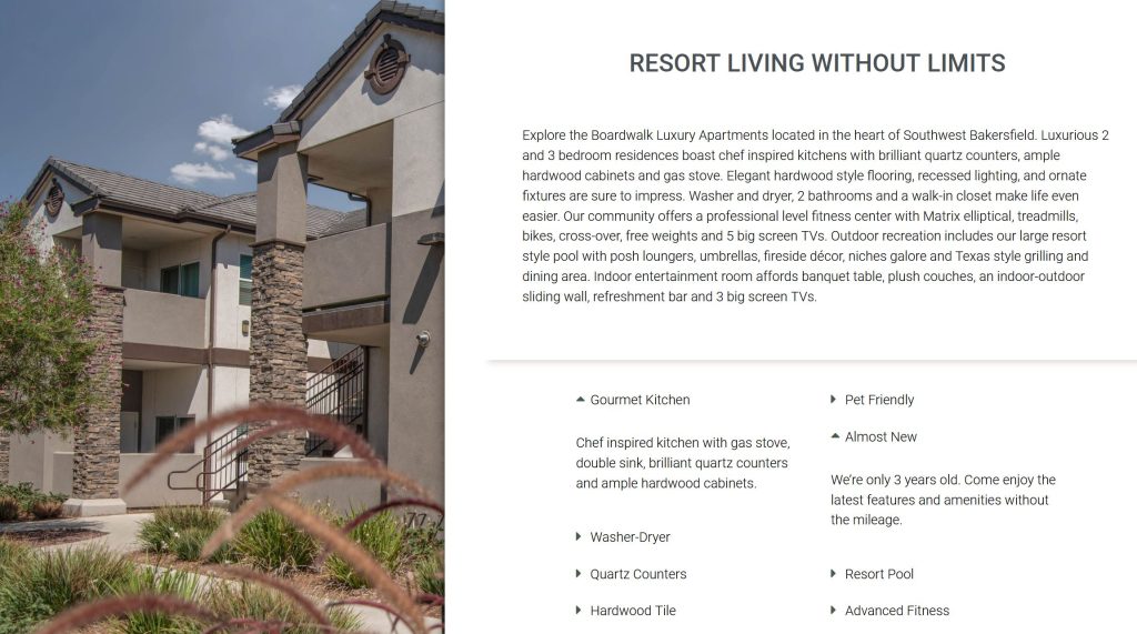 A sample feature page on a website for our customer Boardwalk Luxury Apartments in Bakersfield, California