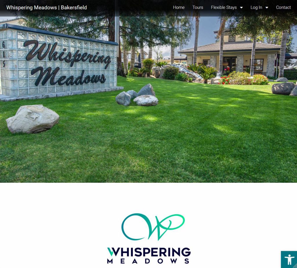 Home page website sample for Whispering Meadows showcasing menu, logo and a perfect color match.
